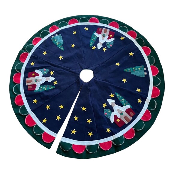 Christmas Tree Skirt Mushroom Houses 52in Felt Appliqué Handmade Vintage Folkart - Picture 1 of 10